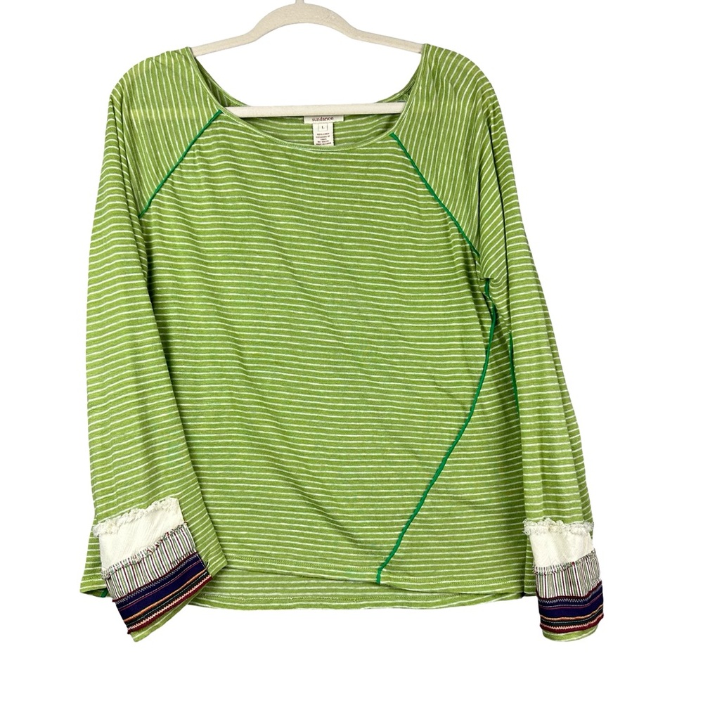 Sundance Green White Striped 100% Linen Long Sleeve Casual Boho Top Relaxed L